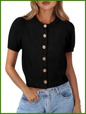 Womens Short Sleeve Button Down Cropped Cardigan Lightweight Knit Sweater